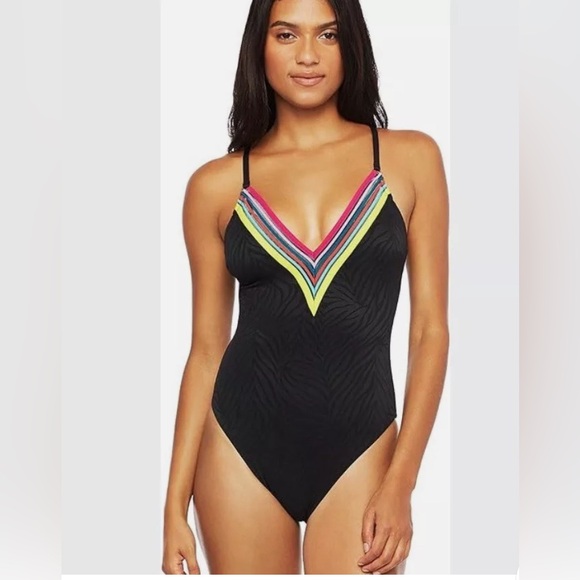 Trina Turk Other - TRINA TURK BLACK & NEON PLUNGE ONE PIECE SWIMSUIT (Size 6)
